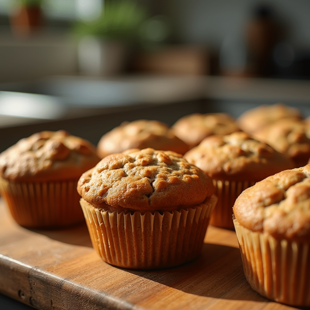 Banana Protein Muffins – The Best High-Protein Snack You’ll Love 5 Freshly baked banana protein muffins on a countertop