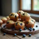 Blueberry protein muffins on rustic table